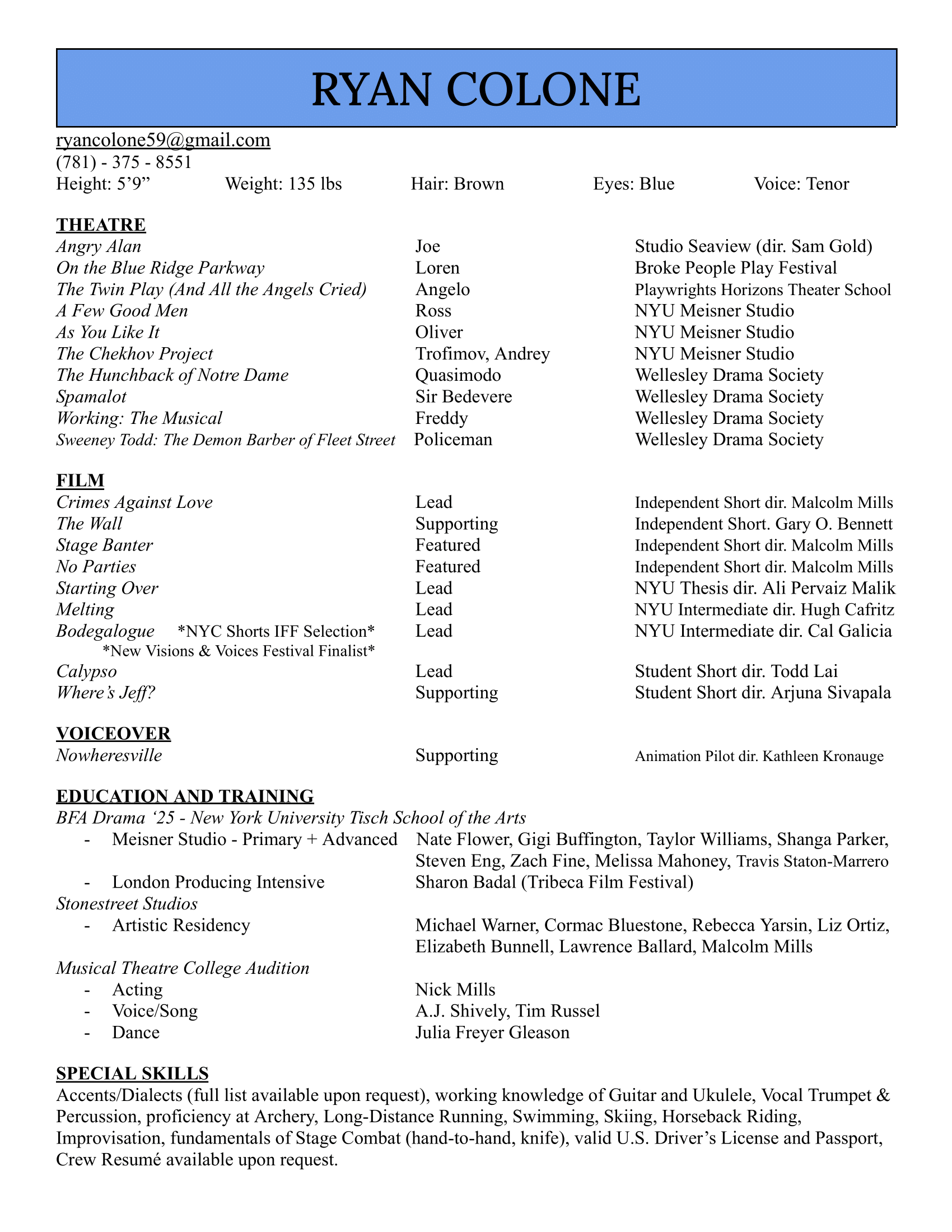 Ryan Colone Resume
